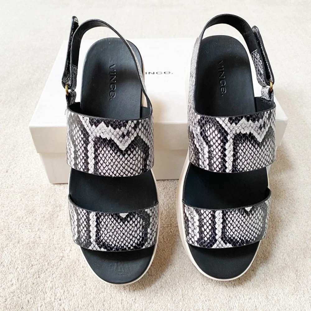 VINCE Animal Print Leather Wedge Sandals